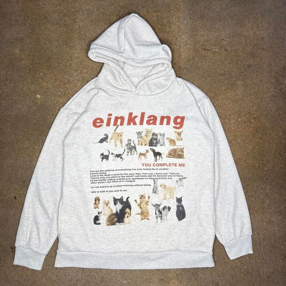 Cat Graphic Hoodie Gray Animal Print Sweatshirt Womens Medium Oversized